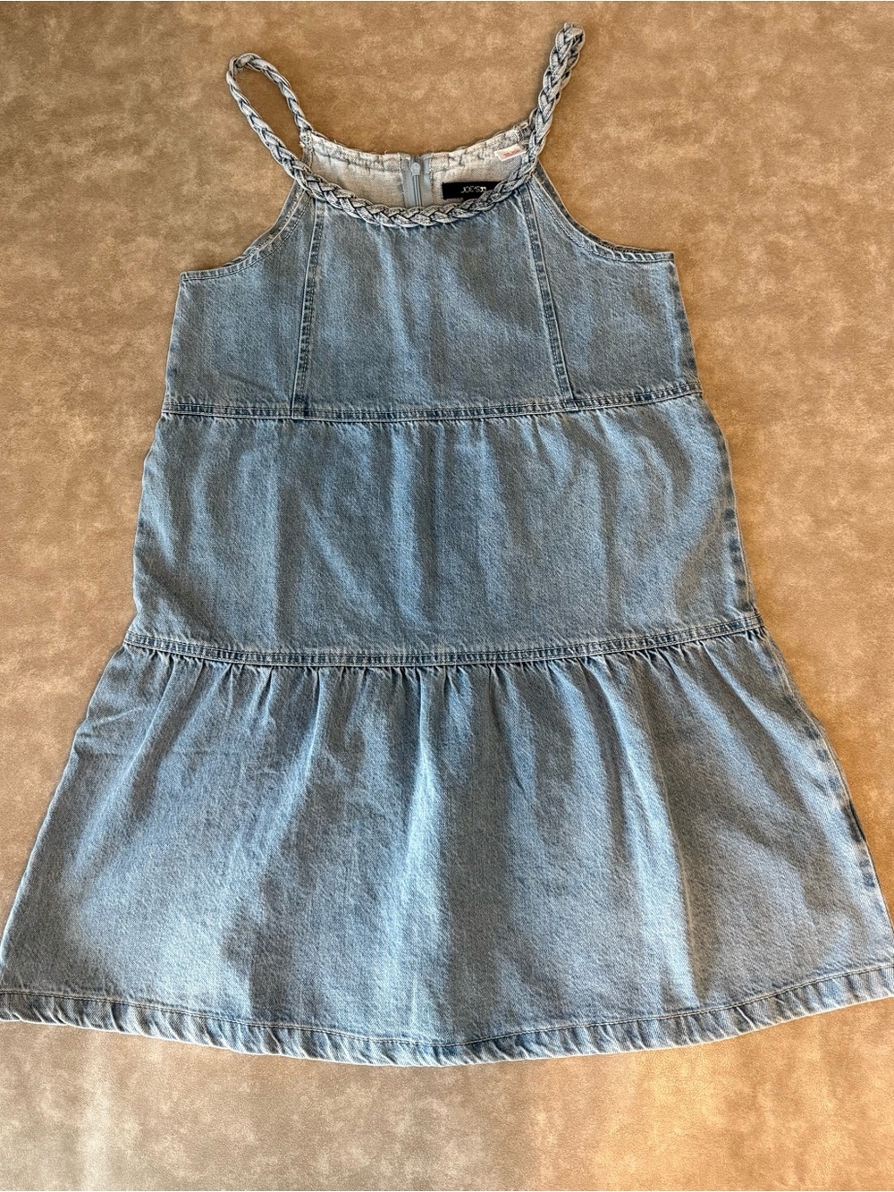 Joe’s Jeans Girls 12/14 Denim Tiered Dress Braided Straps Bleach Wash NWT